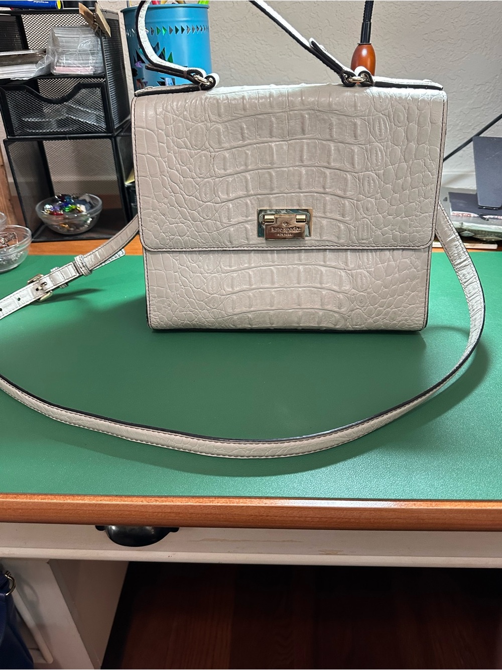 Fall  Cream Croc-Embossed Leather Crossbody Bag